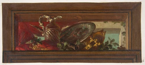 Trompe l'oeil design of ewer and clarinet by Jules-Edmond-Charles Lachaise, drawing, 1850-1900