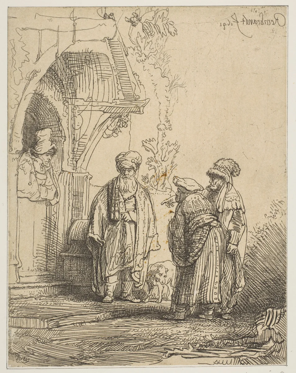 Three Oriental Figures (Jacob and Laban?) by Rembrandt van Rijn, print, 1641