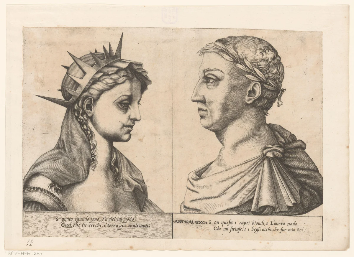 Twee portretbustes van Petrarca en Laura by anonymous, print, 1510-1562