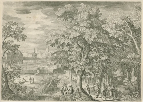 Bosrijk landschap met de parabel van de arbeiders in de wijngaard by Jan van Londerseel, print, 1601-1652