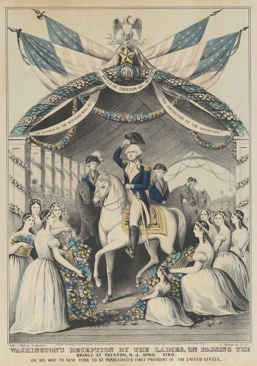 Washington's Reception by the Ladies on Passing the Bridge at Trenton, N.J., April 1789, on His Way to be Inaugurated First President of the United States by Nathaniel Currier, print, 1845