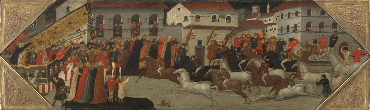 Panel from a Cassone: The Race of the Palio in the Streets of Florence by Giovanni Francesco Toscani, painting, 1418