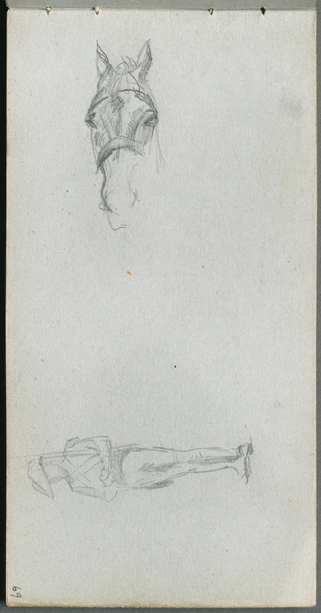 Sketchbook, page 69: Study of a Hand, a Horse, and a Figure by Ernest Meissonier, book, 1860-1869