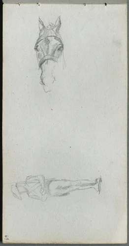 Sketchbook, page 69: Study of a Hand, a Horse, and a Figure by Ernest Meissonier, book, 1860-1869