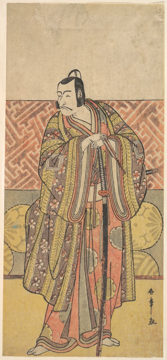 Ichikawa Danjuro V as Kudo Suketsune, Richly Attired, Leaning on His Sword by Katsukawa Shunshô (勝川春章), print, 1615-1868