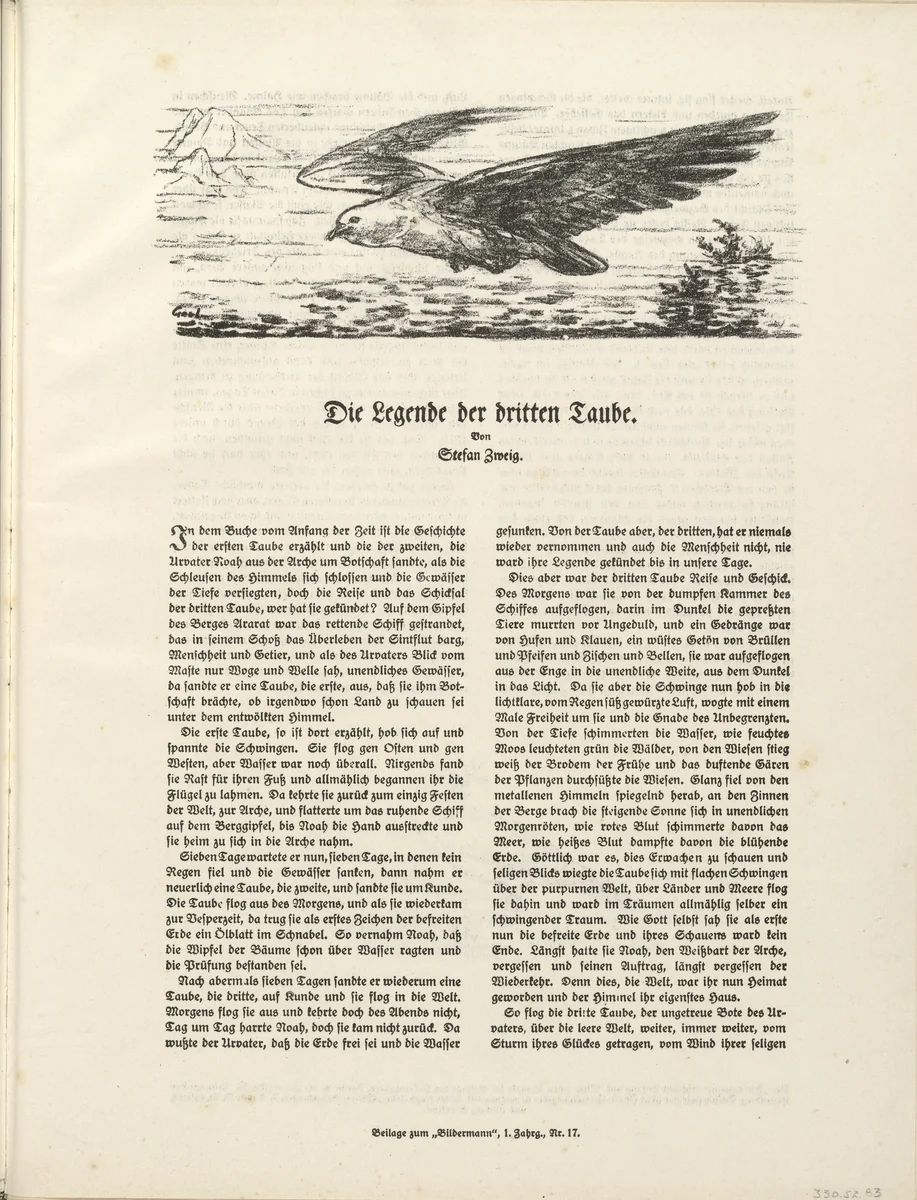 Untitled, illustration to Stefan Zweig's "The Legend of the Third Dove" (headpiece, folio 56) from the periodical Der Bildermann, supplement to vol. 1, no. 17 (Dec 1916) by August Gaul, periodical, 1916