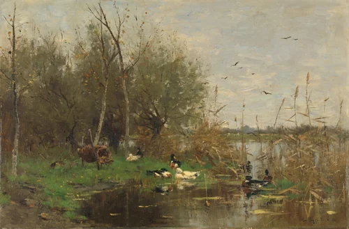 Ducks beside a duck shelter on a ditch by Geo Poggenbeek, painting, 1884