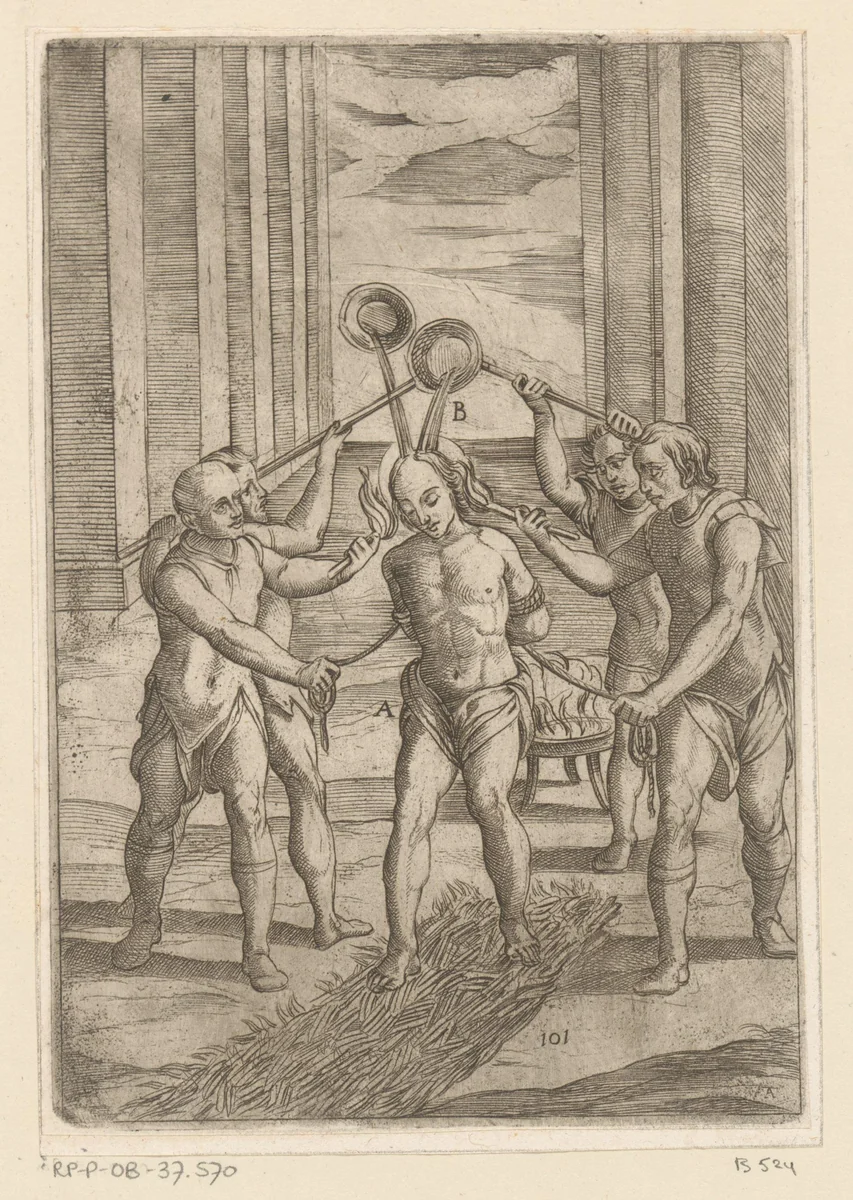 Kokende olie en lopen over hete kolen by Unknown, print, 1565-1630