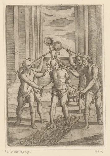 Kokende olie en lopen over hete kolen by Unknown, print, 1565-1630