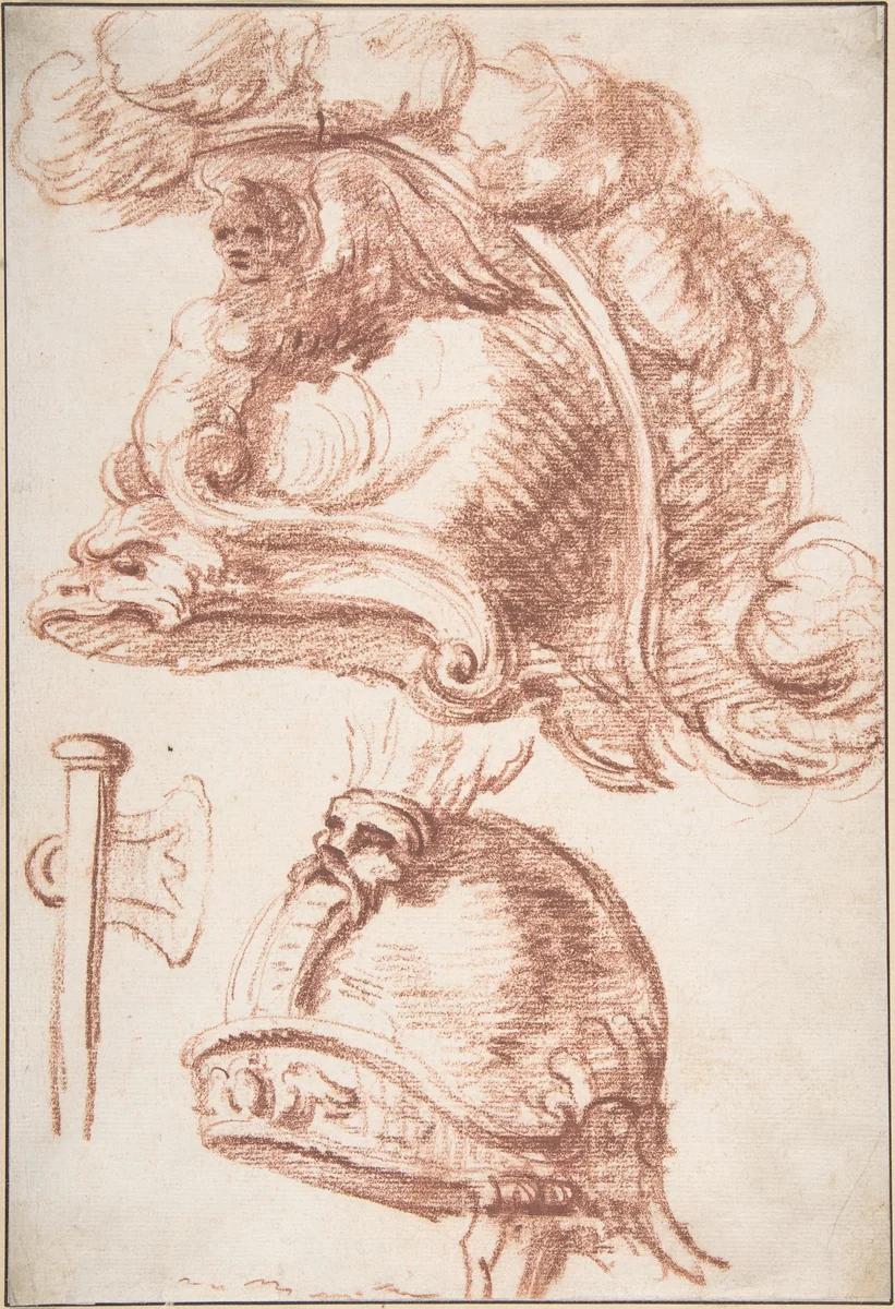Two Studies of Plumed Helmets by anonymous, drawing, 1750-1800