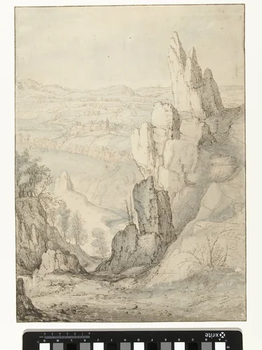 Heuvelachtig landschap met hoge rotsen by Roelant Savery, drawing, 1603-1613