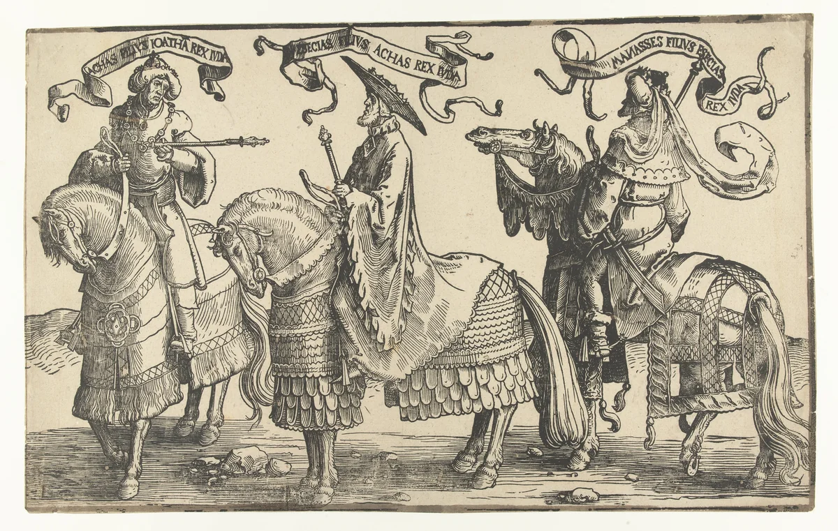 Koningen Achaz, Hizkia en Manasse by Lucas van Leyden, print, 1518-1522