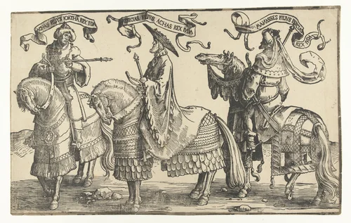 Koningen Achaz, Hizkia en Manasse by Lucas van Leyden, print, 1518-1522