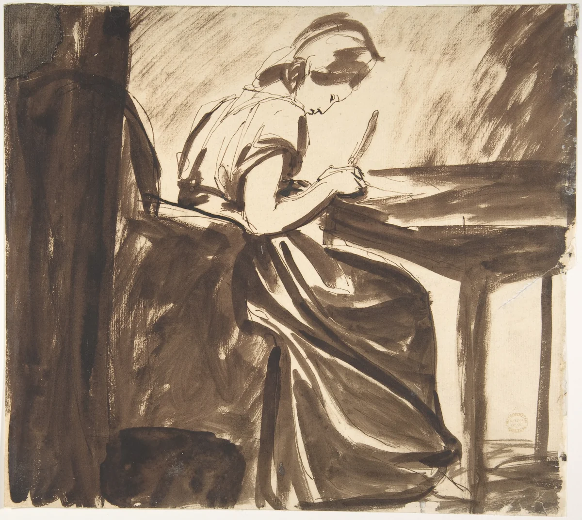 Lady Seated at a Table (recto); Dancing Figures (verso) by George Romney, drawing, 1776-1803