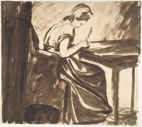 Lady Seated at a Table (recto); Dancing Figures (verso) by George Romney, drawing, 1776-1803