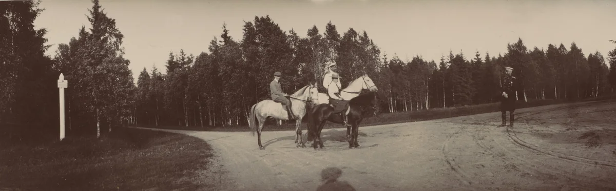 Grand Duke Sergei Mikhailovich on Horseback with Two Others, Gatchino by Unidentified Photographer, photograph, 1907