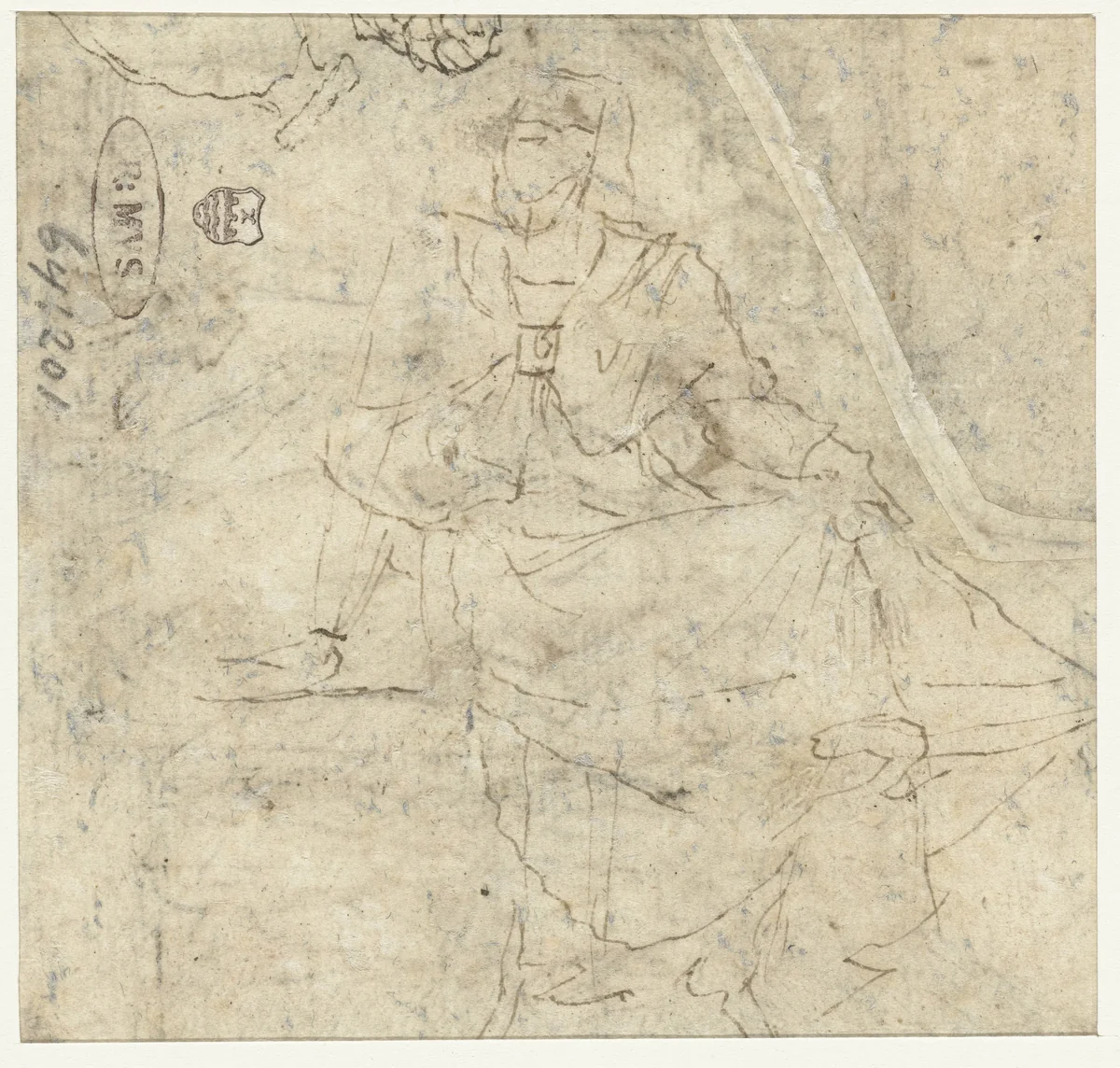 Zittende vrouwenfiguur by Nicolas Poussin, drawing, 1642-1644