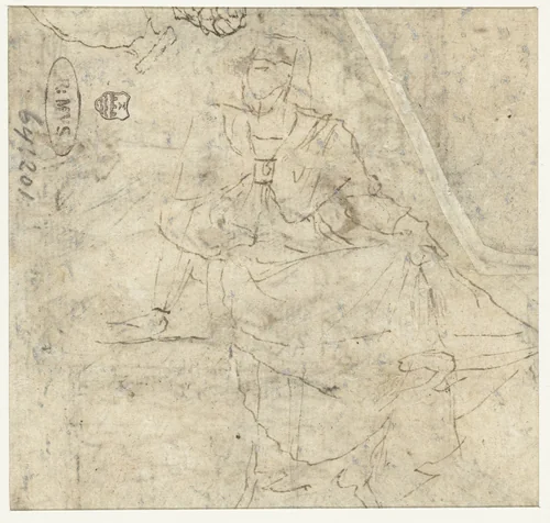 Zittende vrouwenfiguur by Nicolas Poussin, drawing, 1642-1644