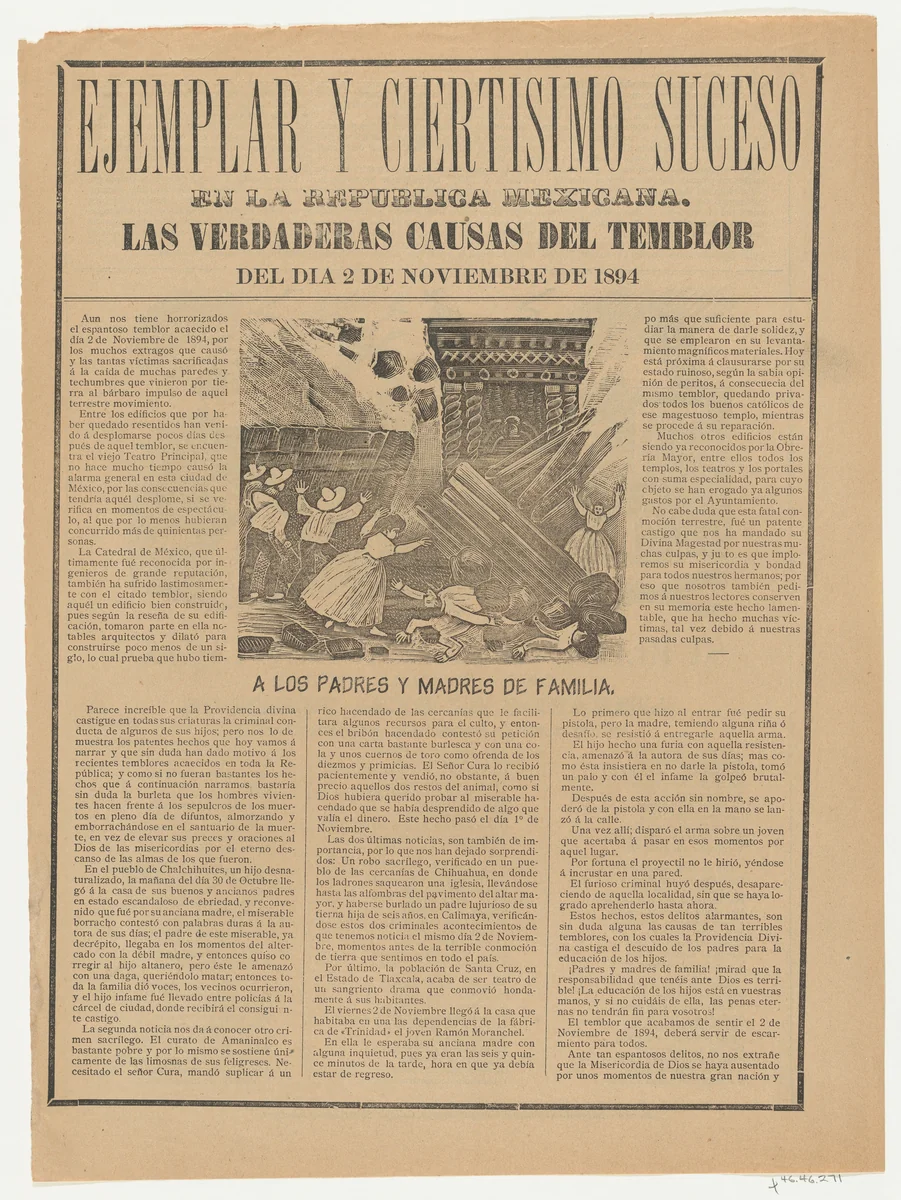 Broadsheet relating to the causes of the earthquake on 2 November 1894 by anonymous, print, 1894
