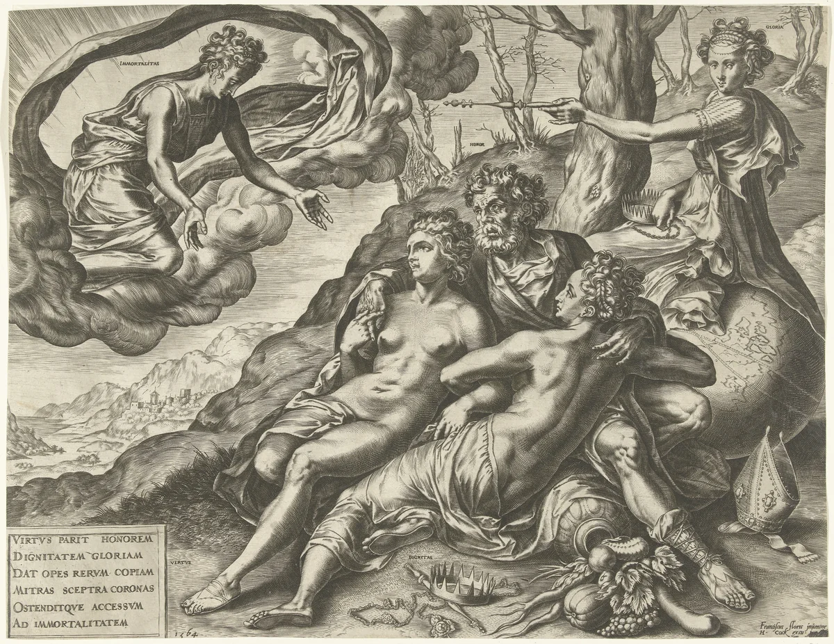 Allegorie op de onsterfelijkheid van de deugden by Cornelis Cort, print, 1564