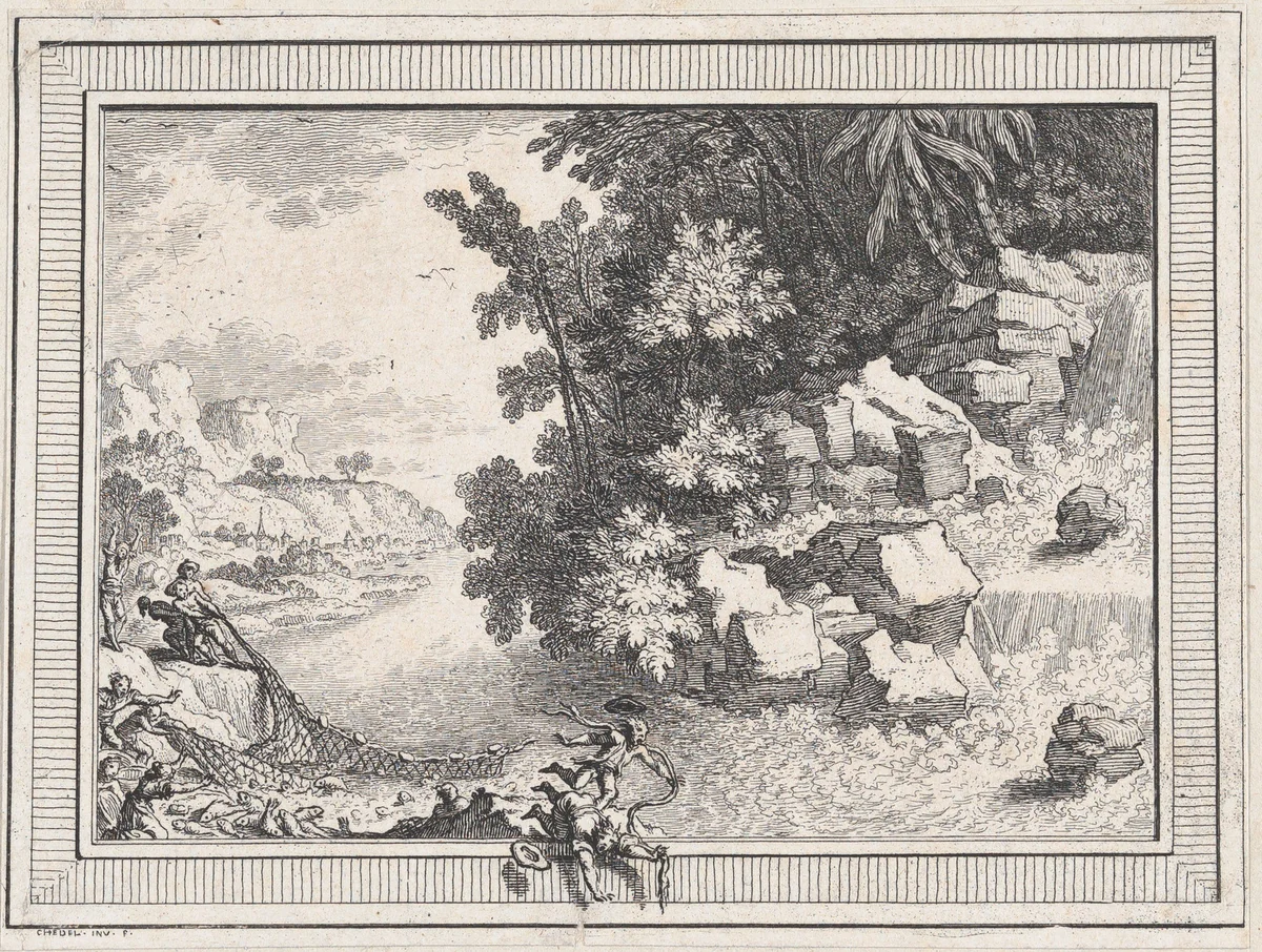 Landscape, from a series of six landscapes dedicated to Madame La Marquise de Pompadour by Quentin Pierre Chedel, print, 1720-1762