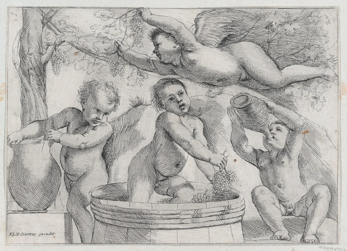 Four Putti Making and Drinking Wine by Guercino, print, 1615-1625