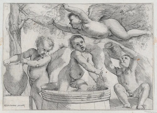 Four Putti Making and Drinking Wine by Guercino, print, 1615-1625