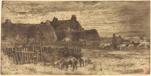 Les Bergeries, Soleil Couchant (Pastoral Scene, Setting Sun) by Félix-Hilaire Buhot, print, 1847-1898