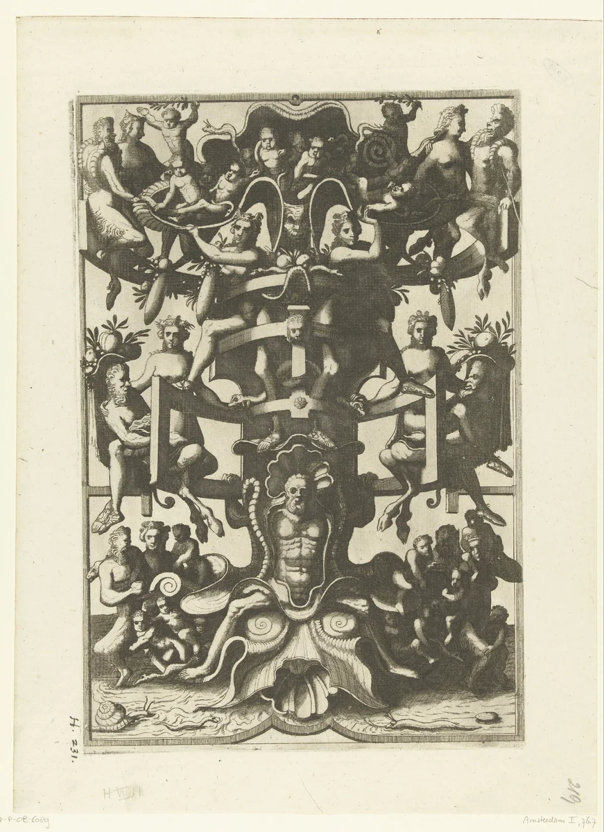 Vlakdecoratie: frame van rolwerk en schelpvormige constructie by Johannes of Lucas van Doetechum, print, 1557