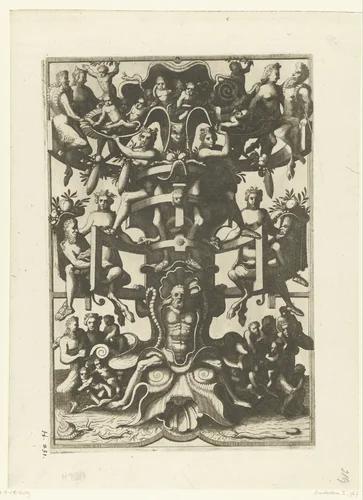 Vlakdecoratie: frame van rolwerk en schelpvormige constructie by Johannes of Lucas van Doetechum, print, 1557