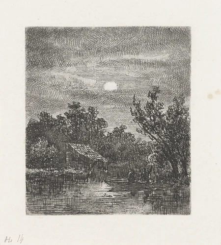 Vissers bij maanlicht by Johannes Pieter van Wisselingh, print, 1830-1878