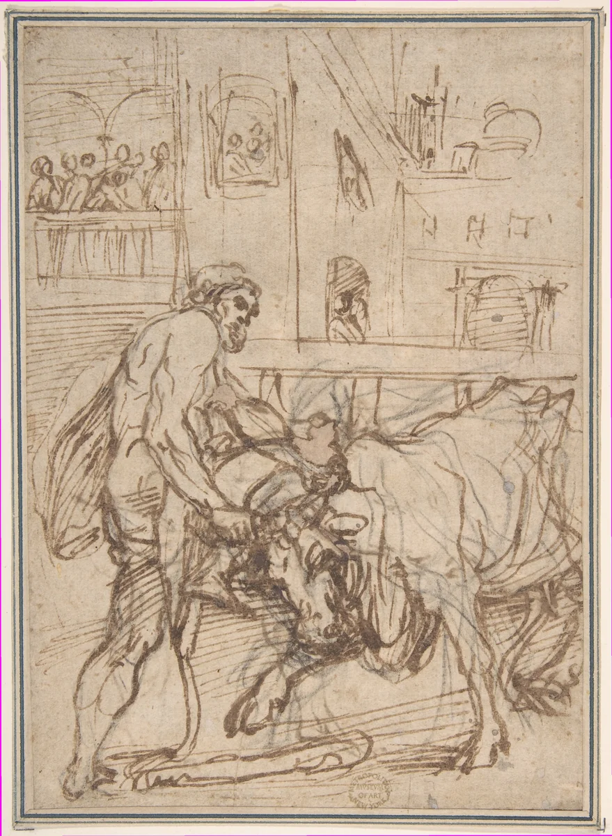 Hercules Capturing the Cretan Bull, from "The Labors of Hercules" by anonymous, drawing, 1600-1700