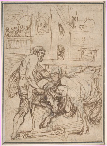 Hercules Capturing the Cretan Bull, from "The Labors of Hercules" by anonymous, drawing, 1600-1700