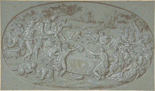 King Midas Feasting At The Arrival of Silenus by Bernard Picart, drawing, 1693-1733