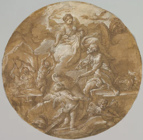 Venus at the Forge of Vulcan (recto); Sketches with Two Putti (verso) by Sebastiano Conca, drawing, 1711-1723