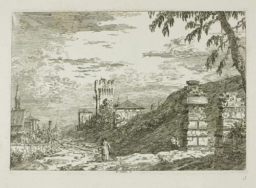 Landscape with Tower and Two Ruined Pillars, from Vedute by Canaletto, print, 1735-1744