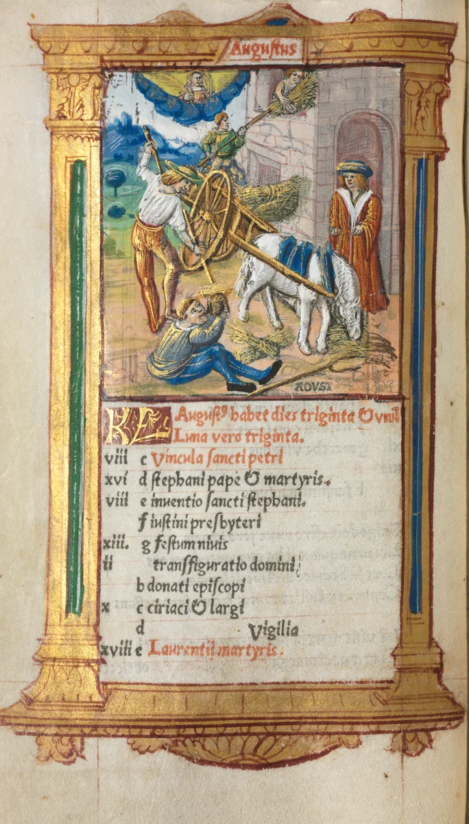 Printed Book of Hours (Use of Rome): fol. 9v, August calendar illustration by Guillaume Le Rouge, book, 1510