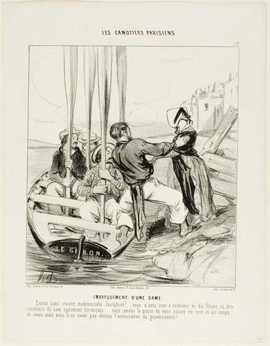 Embarcation of a Lady. “Get in without fear Miss Josephine....You don't have to be afraid from neither the current nor the boatmen... they are all Frrrrrench.... we actually wanted to salute you with 101 canon shots, but we didn't get the authorization from the Government!...,” plate 15 from Les Canotiers Parisiens by Honoré-Victorin Daumier, print, 1843