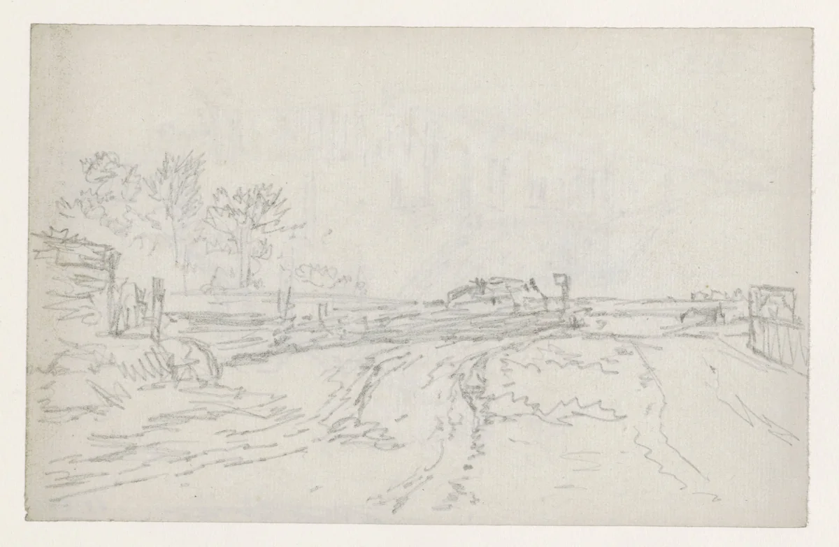 Zandige weg met enkele boerderijen by Georges Michel, drawing, 1773-1843