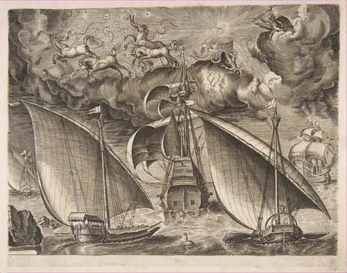 Two Galleys Sailing Behind an Armed Three-Master with Phaeton and Jupiter in the Sky, from the series of Ships by Pieter Bruegel, print, 1561-1565