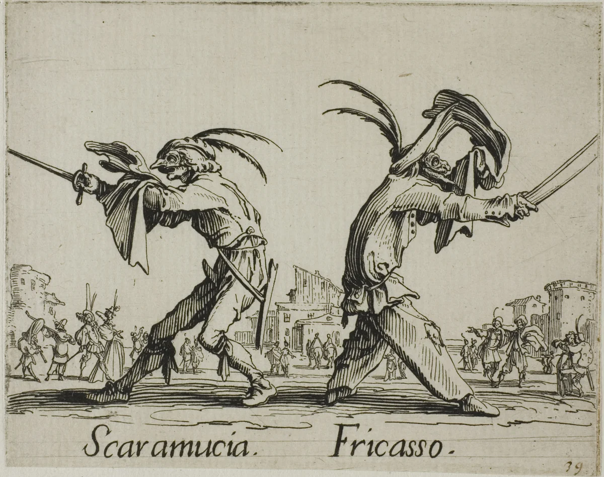 Scaramuccia - Fricasso, plate 11 from Balli di Sfessania by Jacques Callot, print, 1617-1627