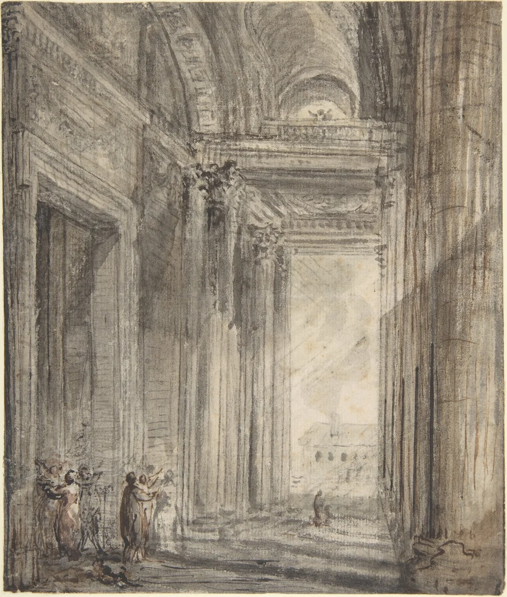 Figures in the portico of the church of Saint Genevieve, Paris by Gabriel de Saint-Aubin, drawing, 1776-1779