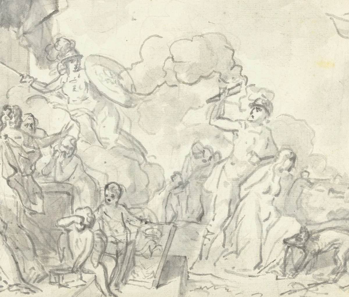 Ontwerp voor een allegorie op de onderdrukking van de Koophandel en Kunsten door Mars, en de hoop gevestigd op Lodewijk Napoleon by Jurriaan Andriessen, drawing, 1752-1819