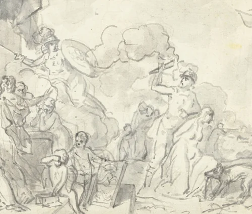 Ontwerp voor een allegorie op de onderdrukking van de Koophandel en Kunsten door Mars, en de hoop gevestigd op Lodewijk Napoleon by Jurriaan Andriessen, drawing, 1752-1819