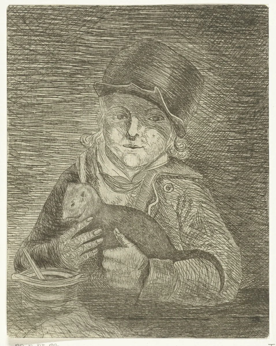 Jongen met muts houdt kat vast by Isaac Lambertus Cremer van den Berch van Heemstede, print, 1821-1879