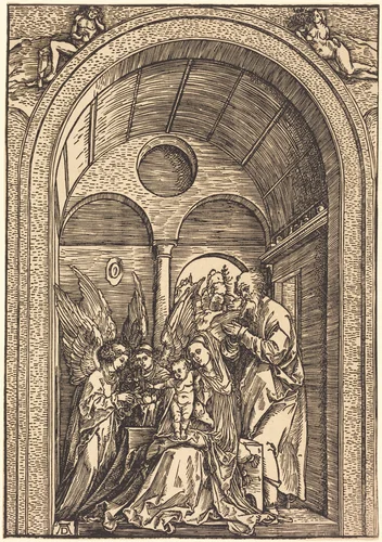The Holy Family with Two Angels in a Vaulted Hall by Albrecht Dürer, print, 1504