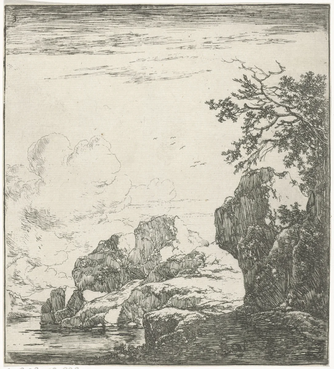Rotsen aan de rivier by Herman Naiwincx, print, 1633-1670
