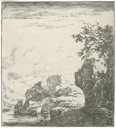 Rotsen aan de rivier by Herman Naiwincx, print, 1633-1670