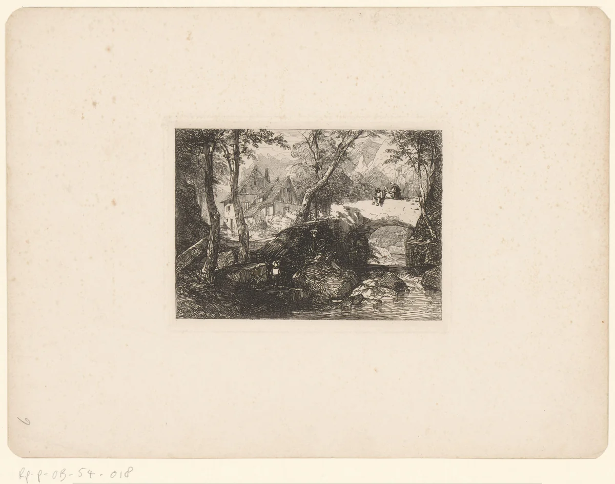 Brug en een huis in een berglandschap by Caspar Johann Nepomuk Scheuren, print, 1842