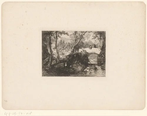 Brug en een huis in een berglandschap by Caspar Johann Nepomuk Scheuren, print, 1842